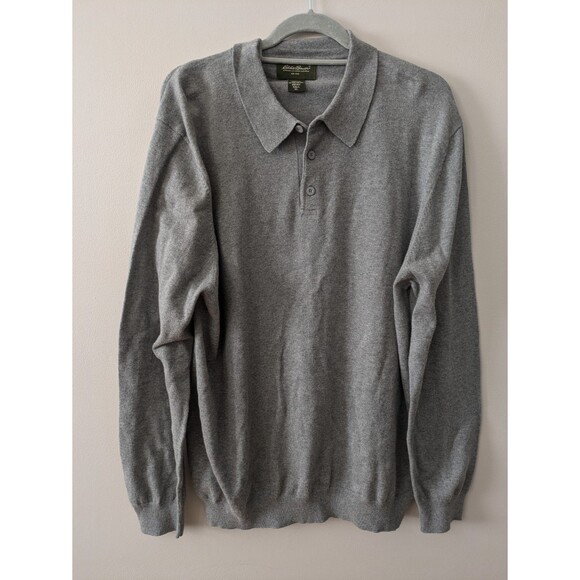Eddie Bauer Men’s Cotton Cashmere Sweater Polo Collared Henley Gray Size XL Tall - Picture 1 of 10